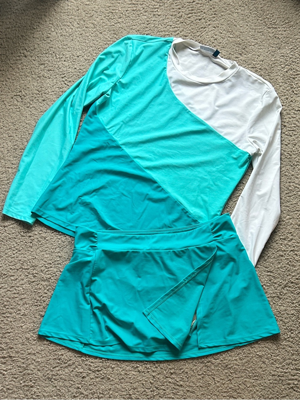 Cabana Life Teal and Cream Colorblock Rashguard Swimsuit Set